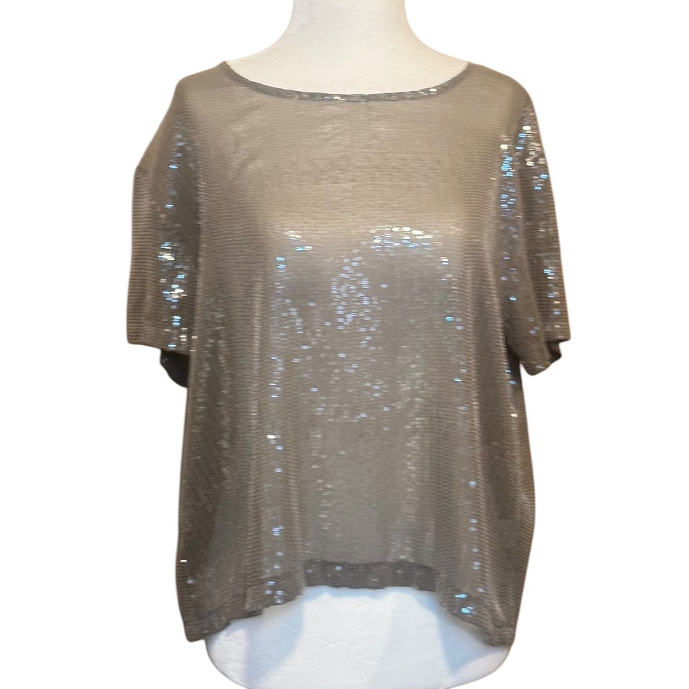 Millau Women's Sequin Top Cropped Party Blouse Slit Back Short Sleeve Taupe SZ M